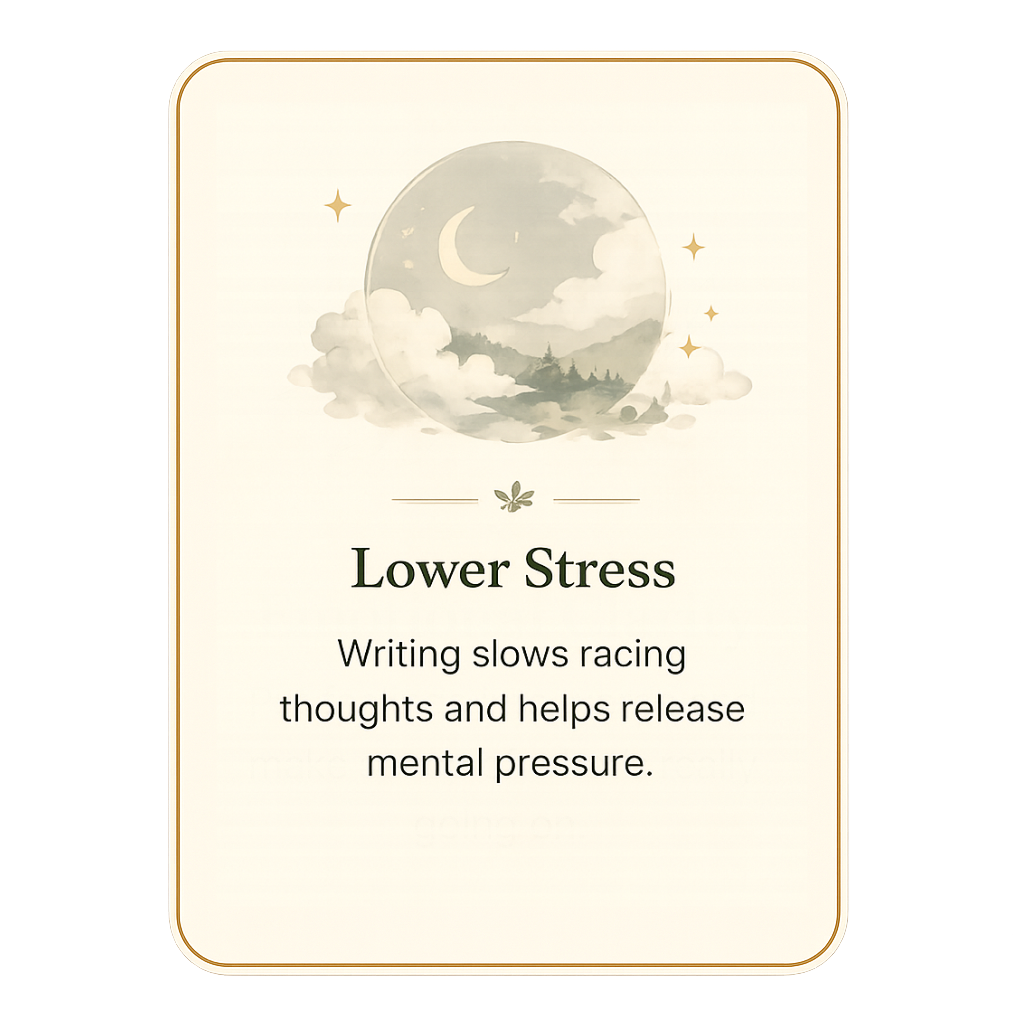 Lower Stress — writing slows racing thoughts and helps release mental pressure.