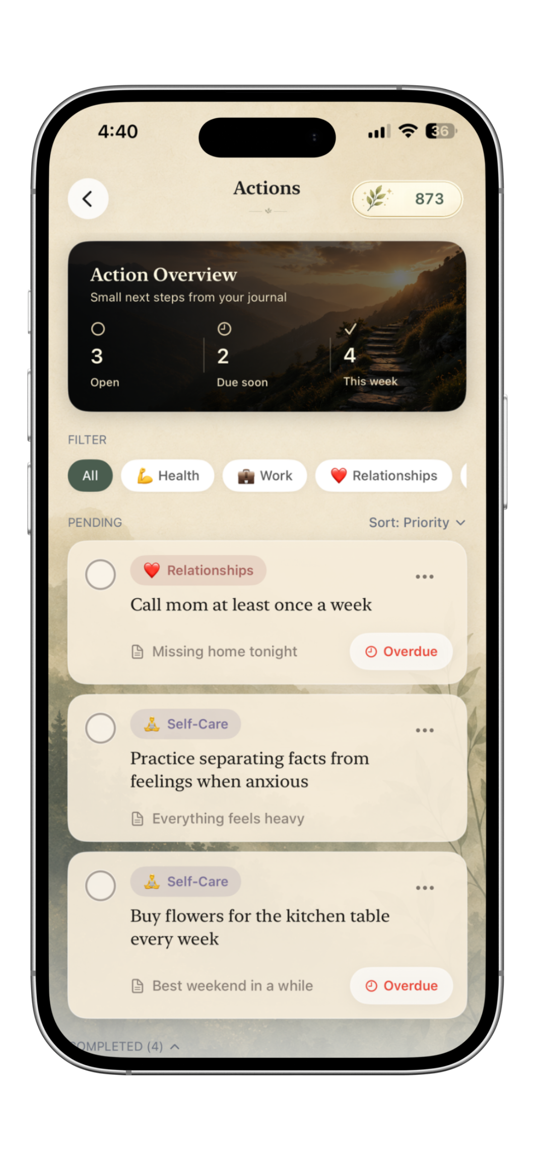 Actions — Mindleaf app screen