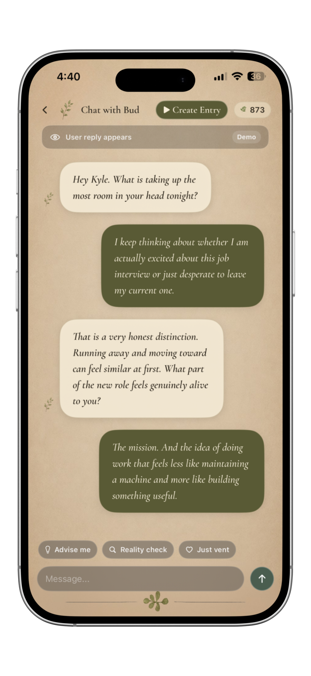 Journal in minutes — Mindleaf app screen