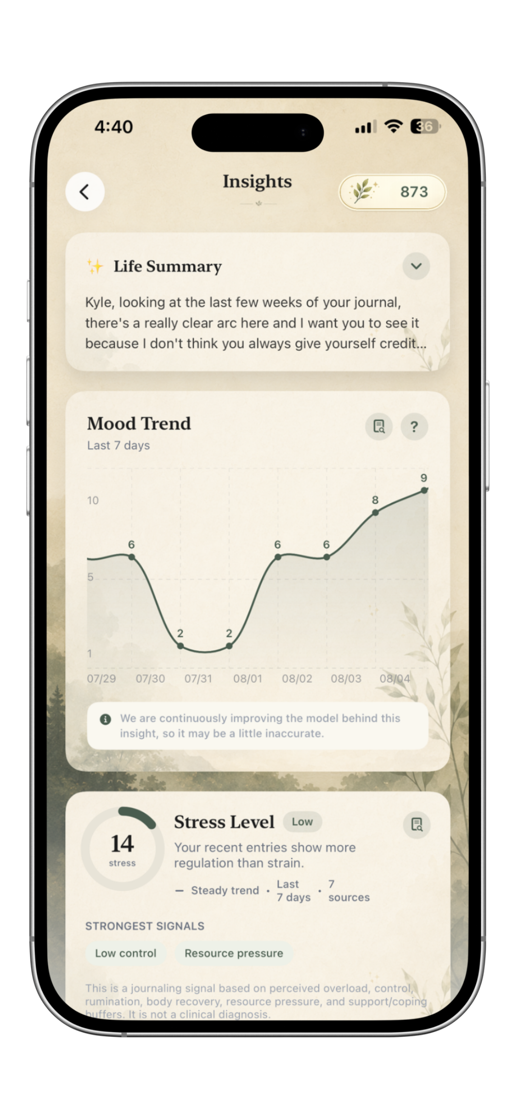 Mood Tracker — Mindleaf app screen